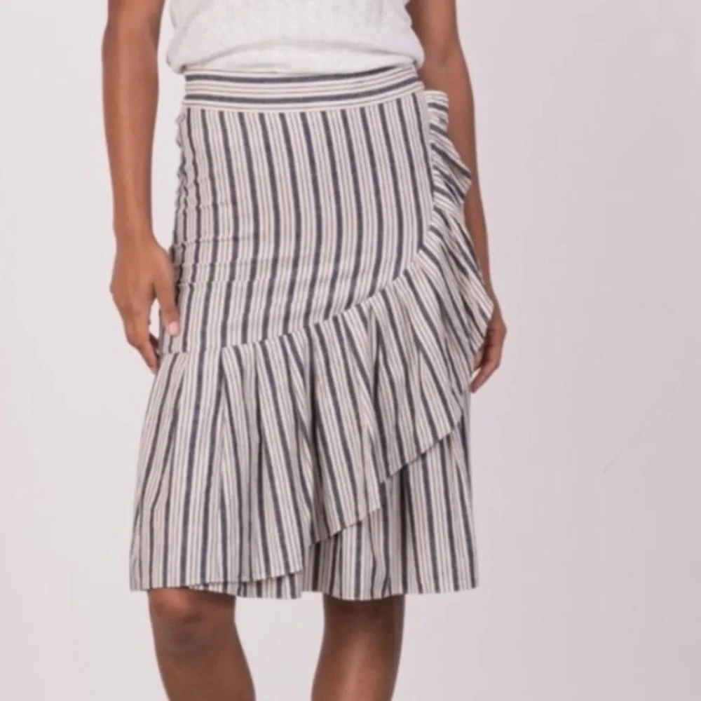 Margaret O'Leary A Symetrical Ruffled Striped Dark Blue and Cream Midi Skirt - Picture 1 of 8